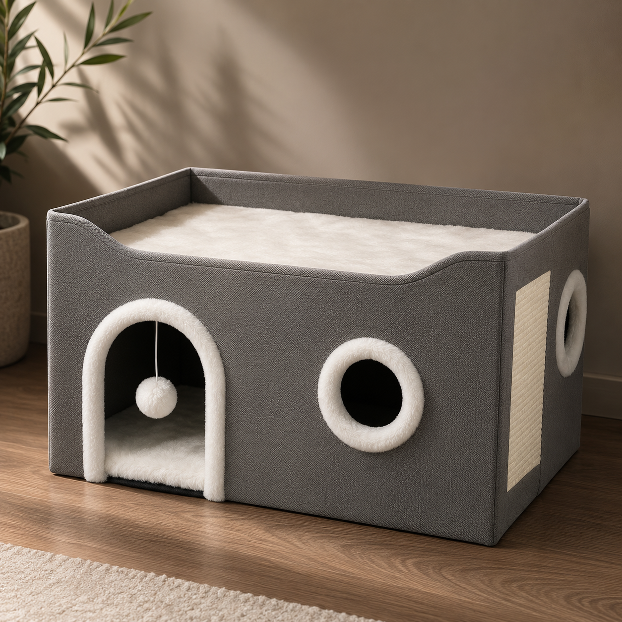 Cat House With Fluffy Ball And Scratch Pad